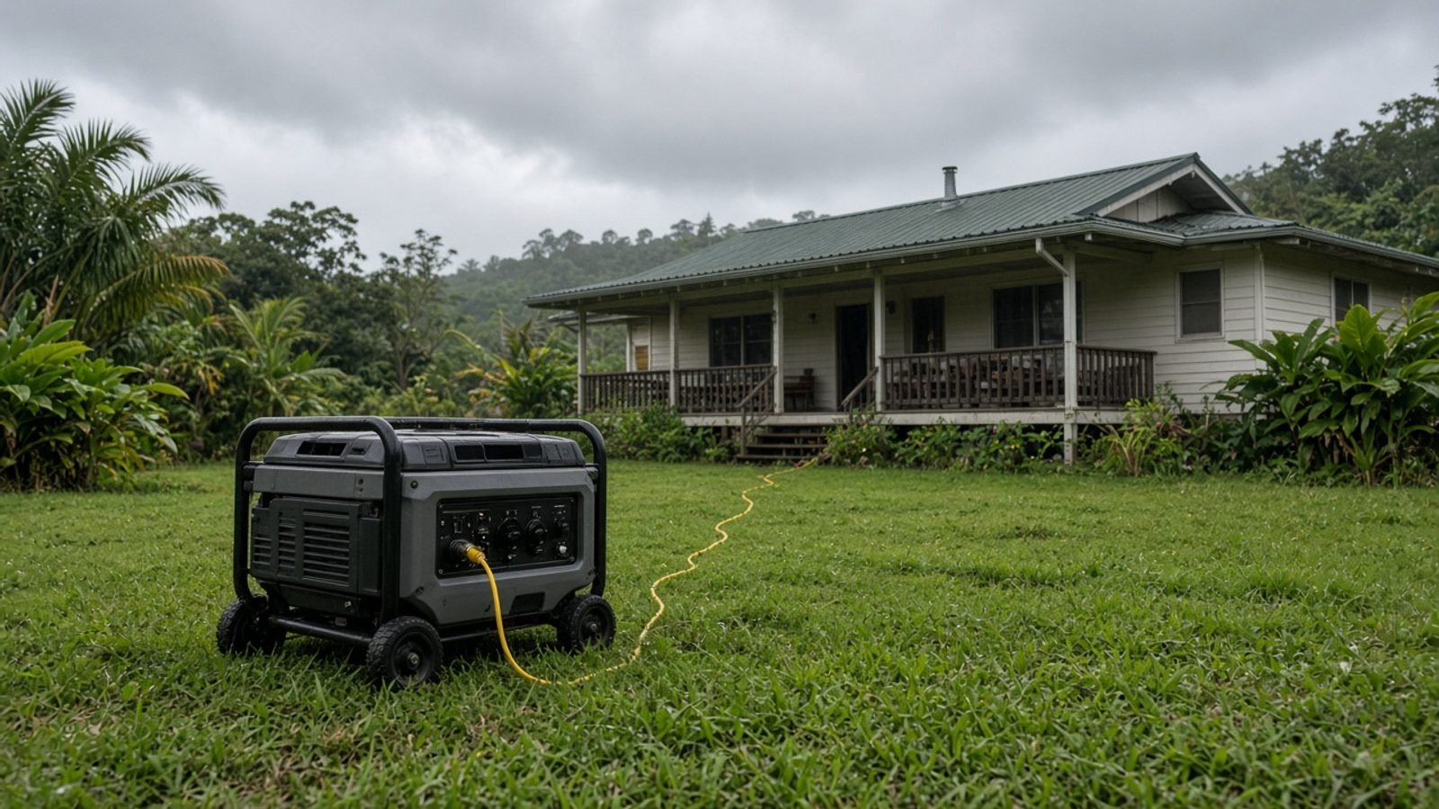 A portable generator sitting outside a Hawaiian house after a storm