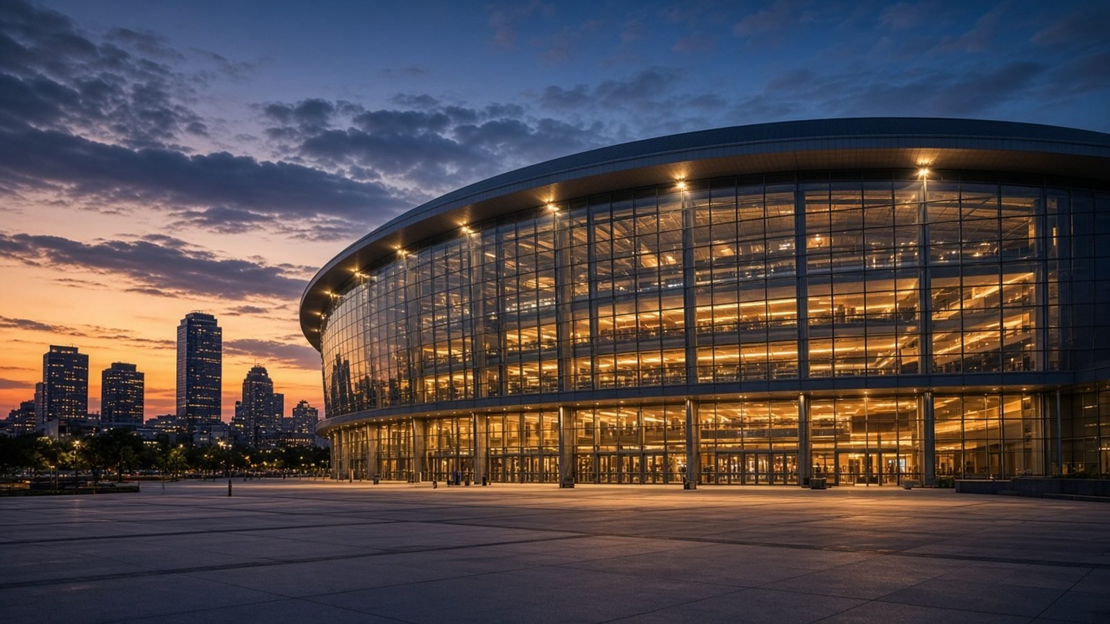 A large downtown arena at dusk with floodlights on an empty plaza