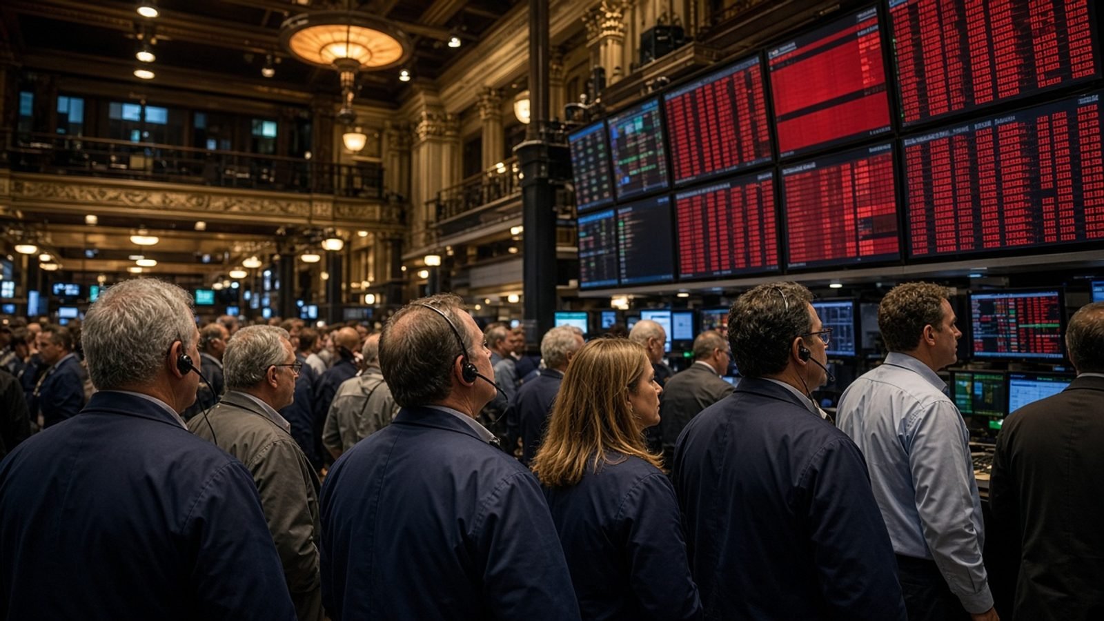 Traders watching screens on the New York Stock Exchange floor at the close