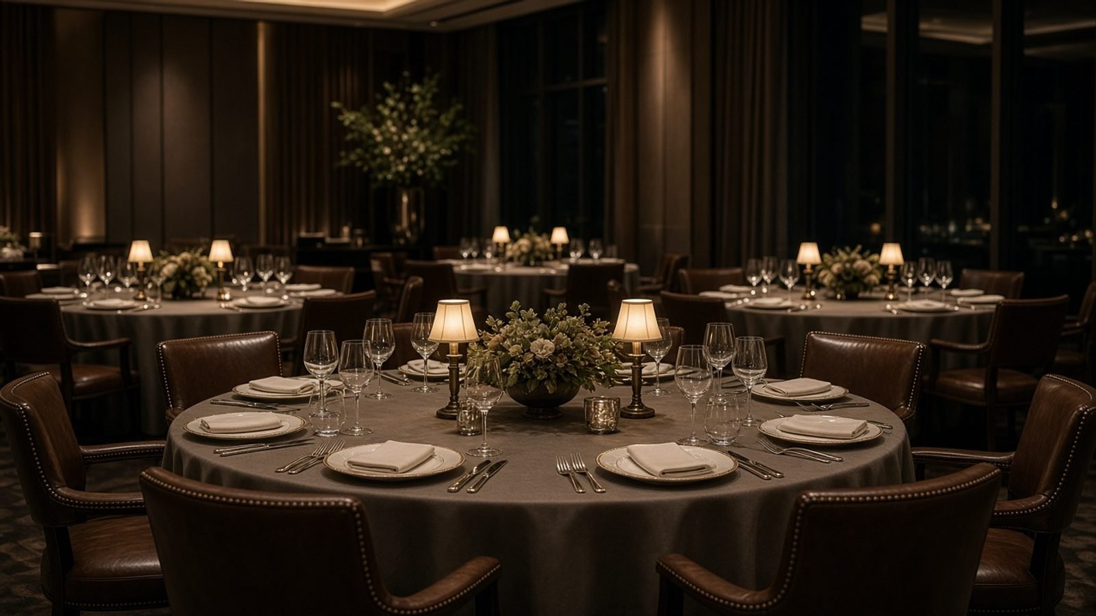 An empty luxury banquet table set for a political fundraiser