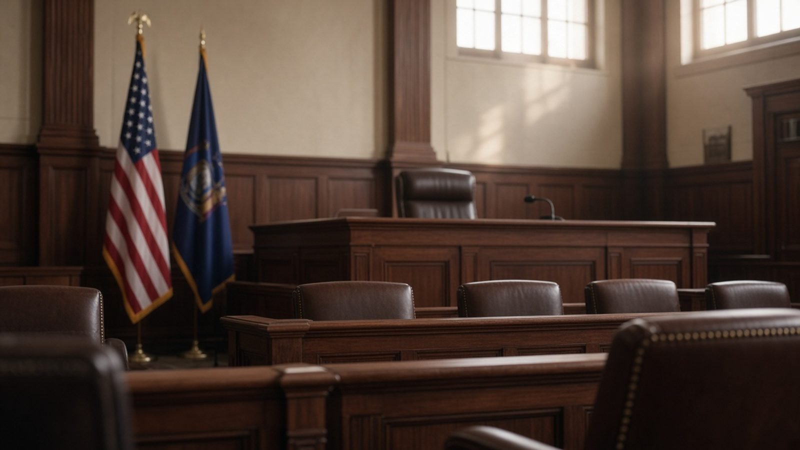 An empty federal courtroom after a sentencing