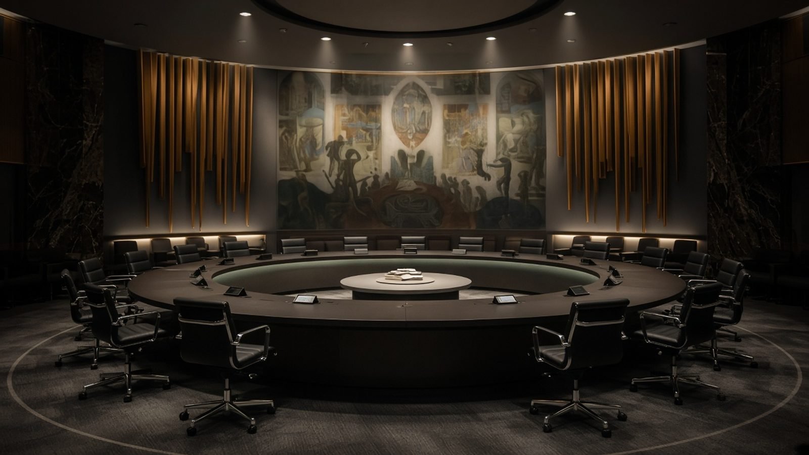 An empty circular diplomatic chamber with dim overhead lights