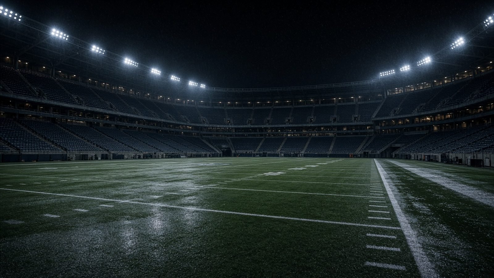 An NFL stadium at night with floodlights over a wet empty field