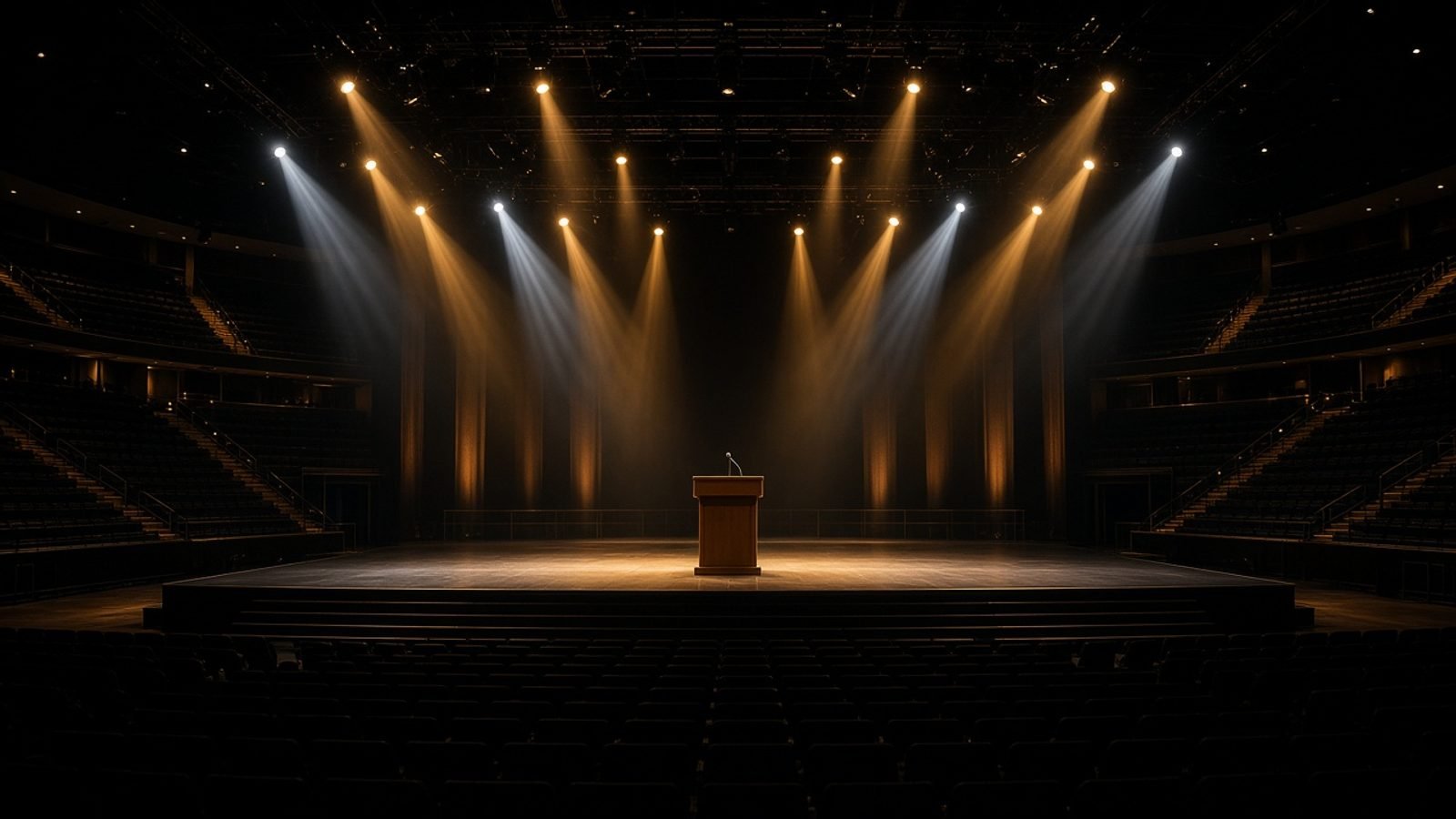 An empty arena podium under warm spotlights