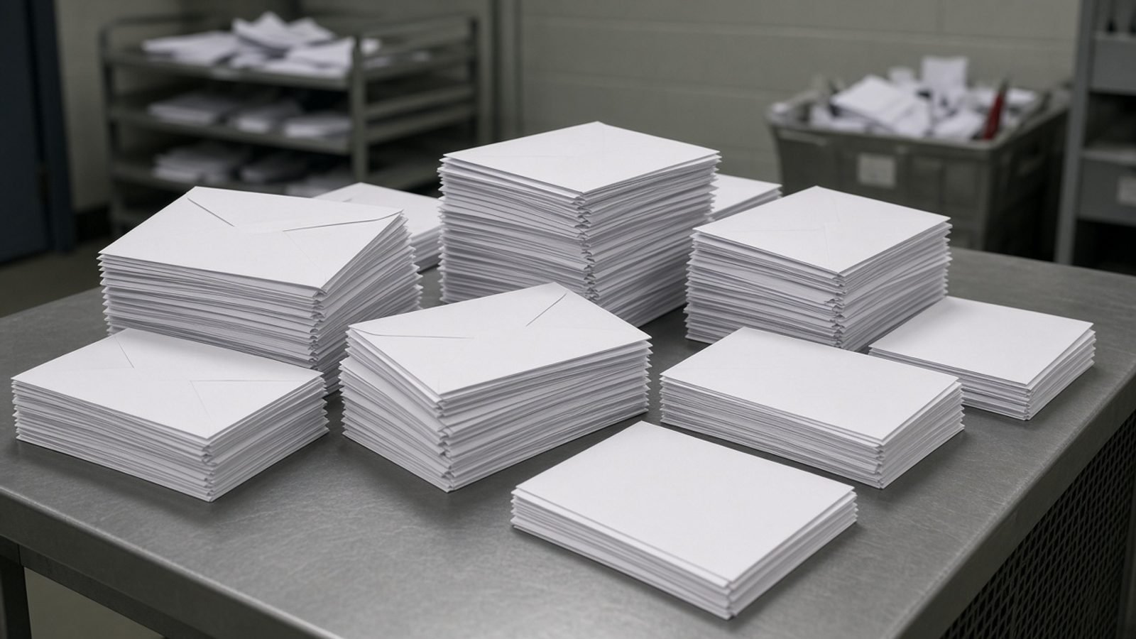 Stacks of plain envelopes on a metal mail-room table