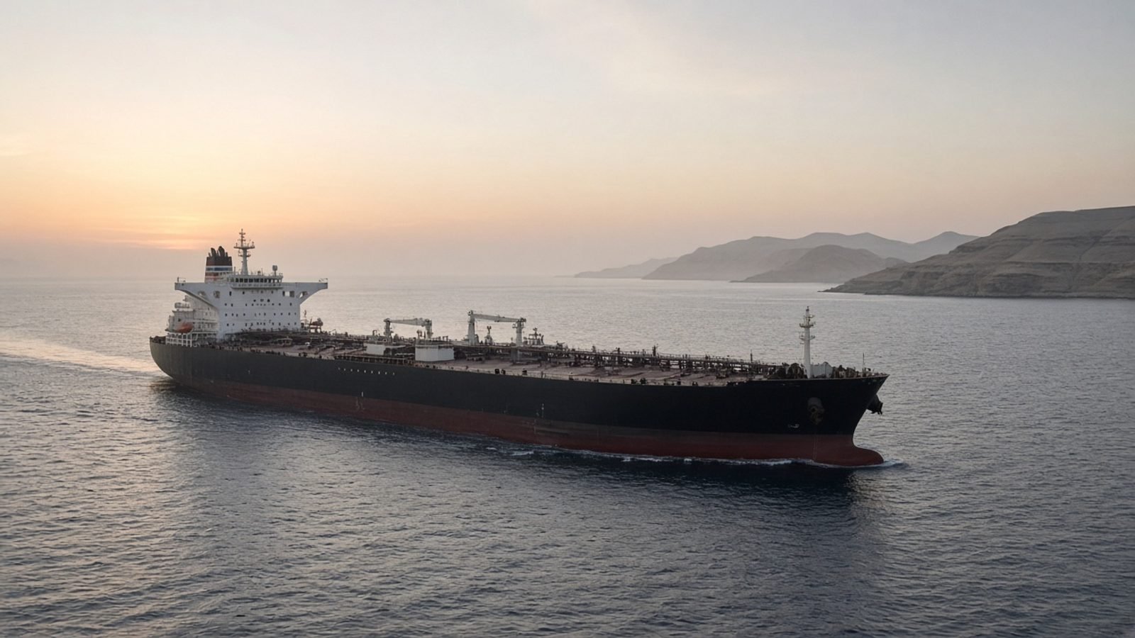 An oil tanker on open water near a desert strait at dawn