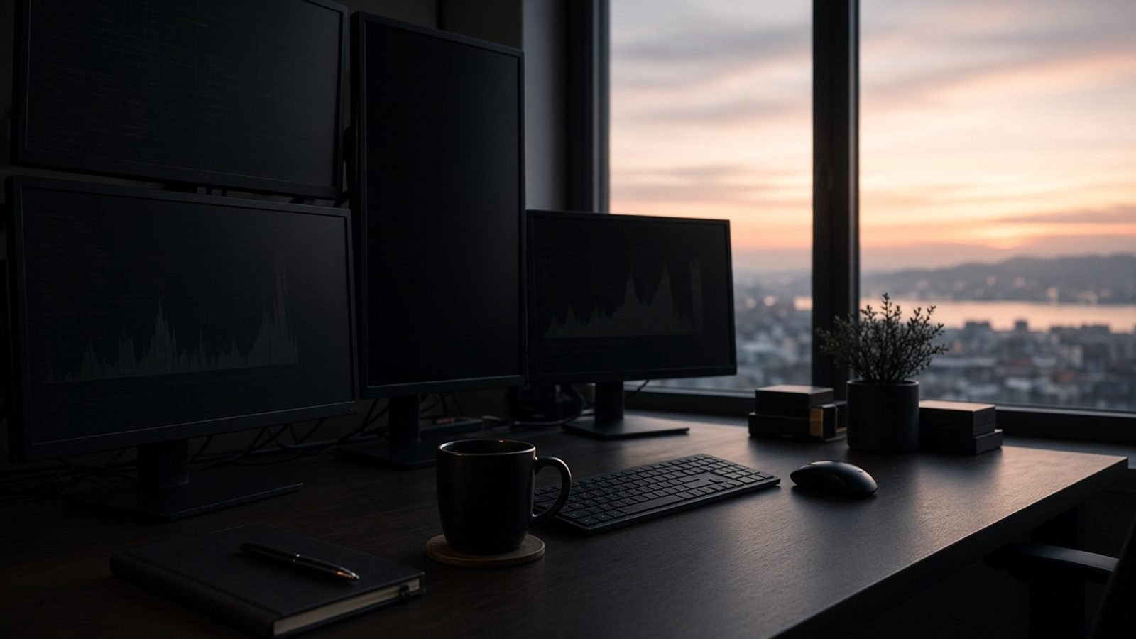 A pre-market trading desk with dark monitors at dawn