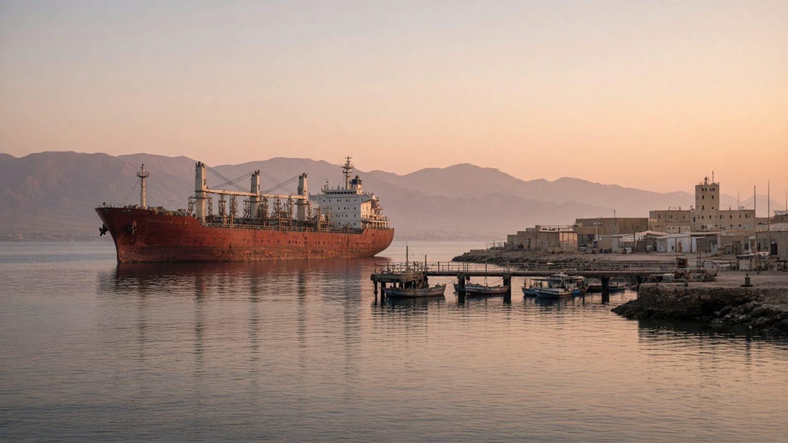 A cargo ship off a desert Red Sea port at dawn