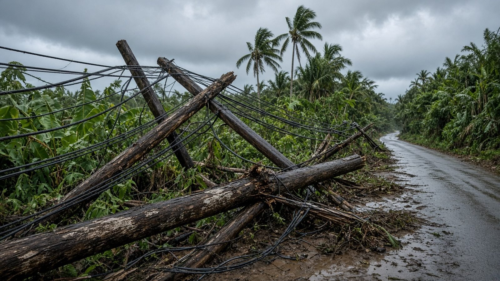 Downed wooden power poles and tangled lines on a tropical roadside after a storm