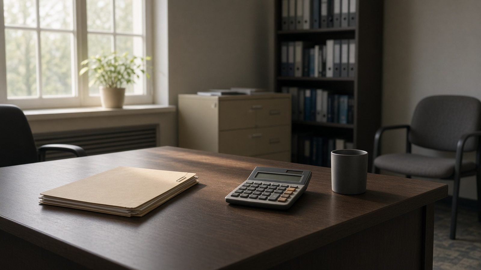 A quiet government office desk with a closed folder and a calculator in morning light