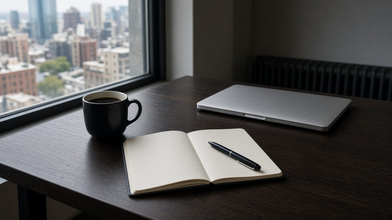 Thursday afternoon news desk with a closed laptop, notebook, and coffee by a window