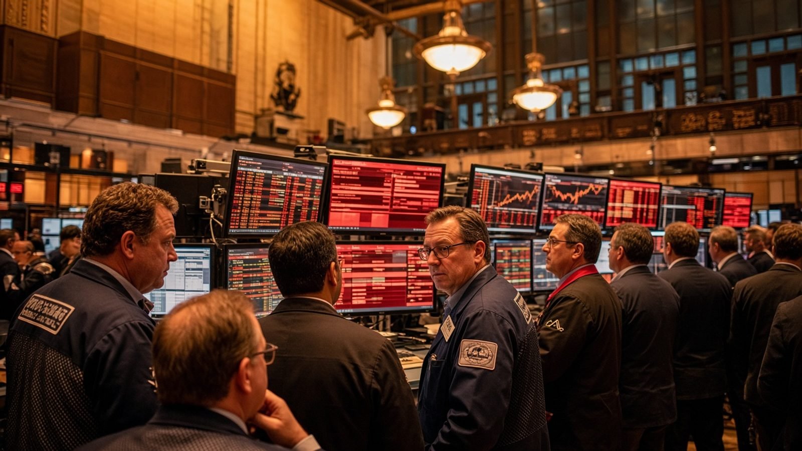 Traders watching screens on a stock-exchange floor at the closing bell