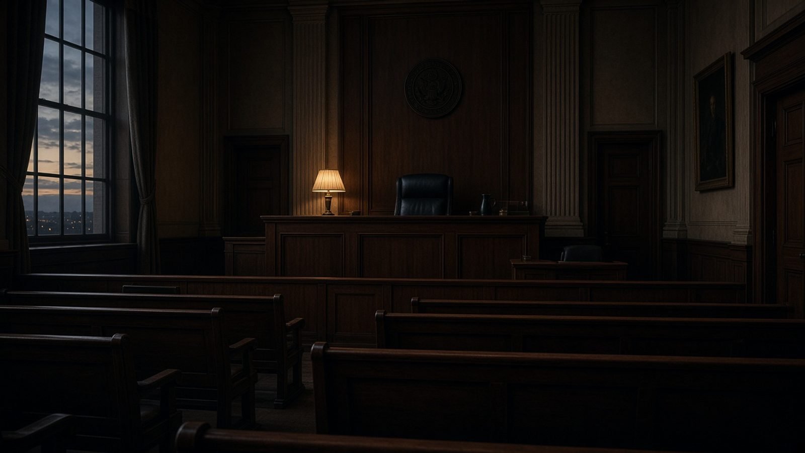 An empty federal courtroom at dusk with wooden benches