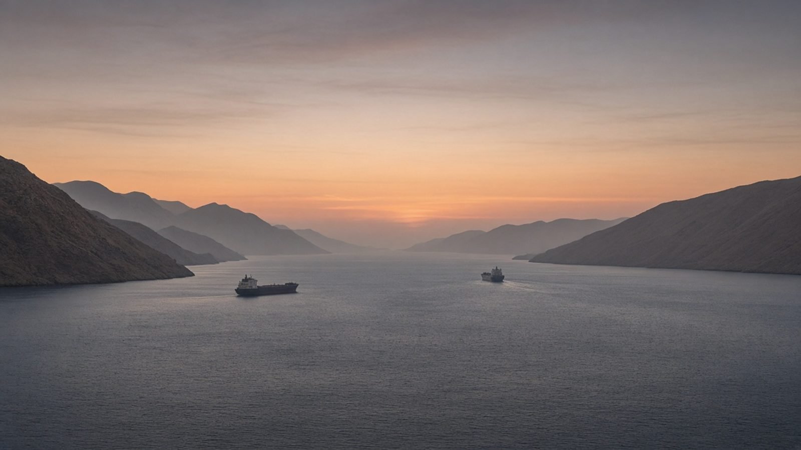 Two cargo ships far apart on a hazy desert strait at dusk