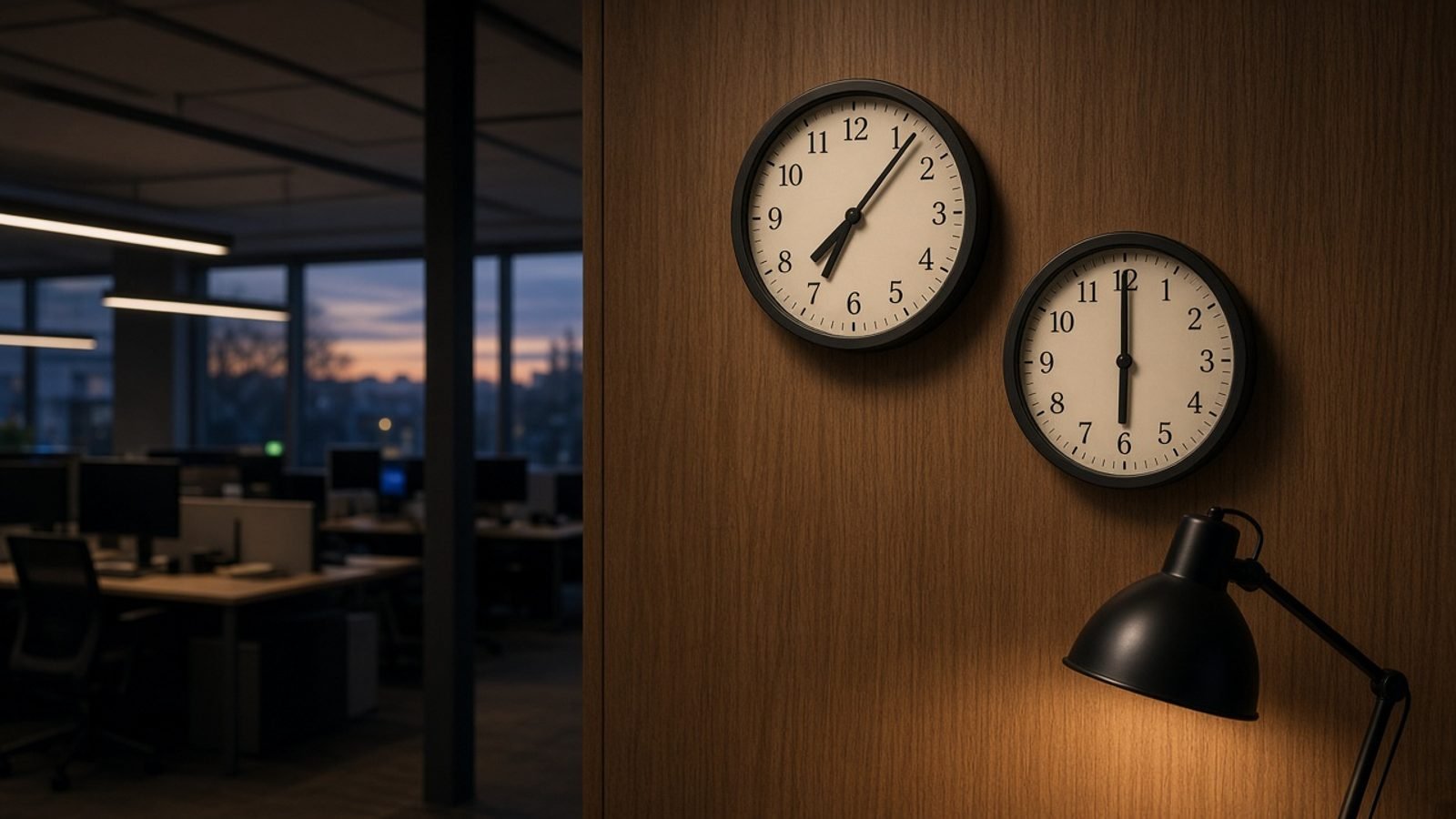 Two analog clocks on a wood-paneled wall in an empty newsroom at evening