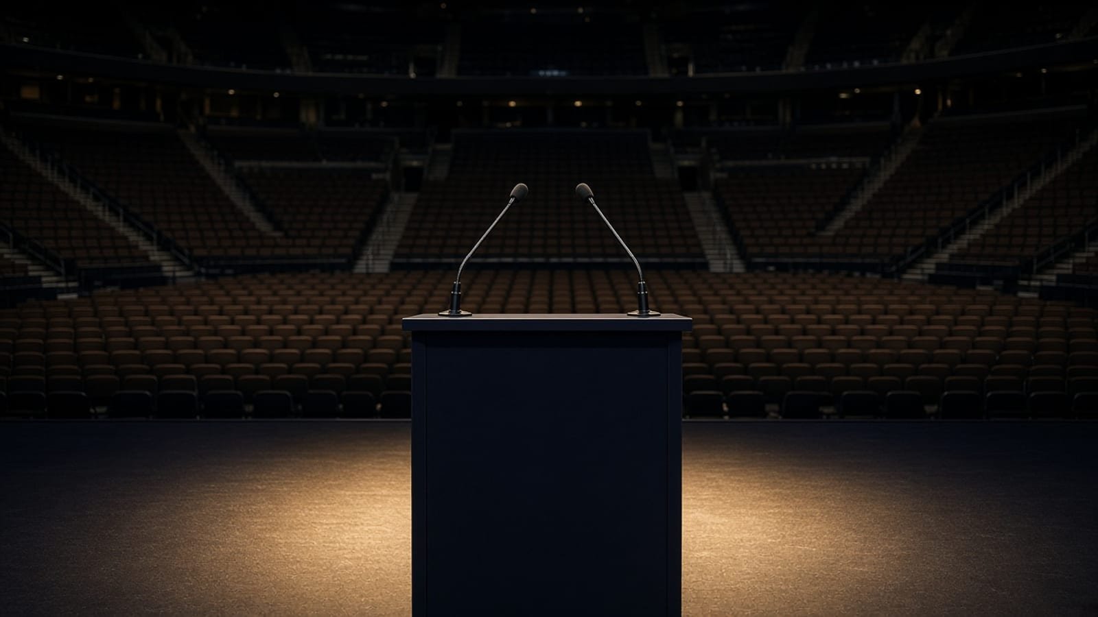 An empty arena podium with two microphones under a warm spotlight