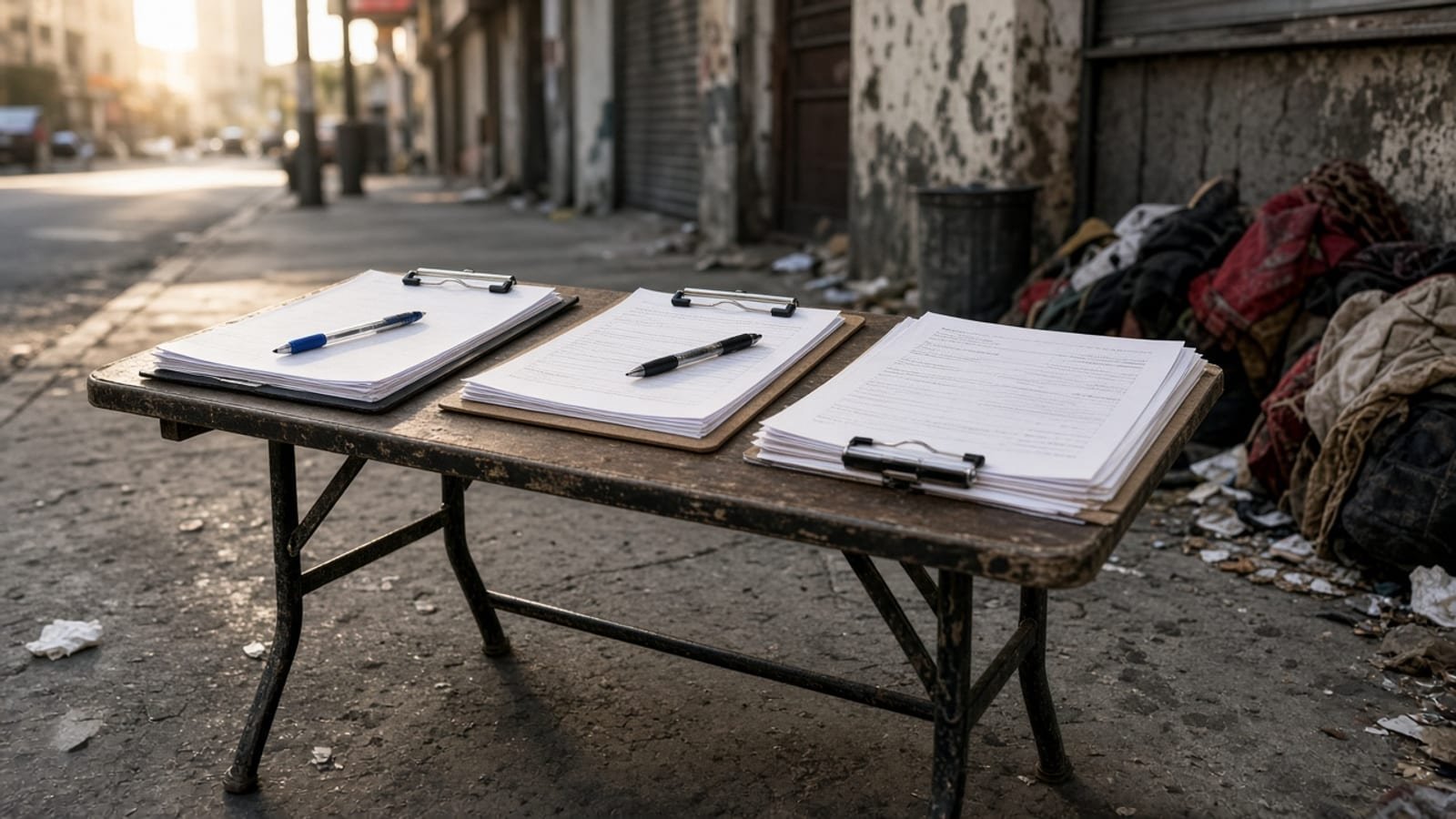 Clipboards and petition papers on a folding table on a city sidewalk