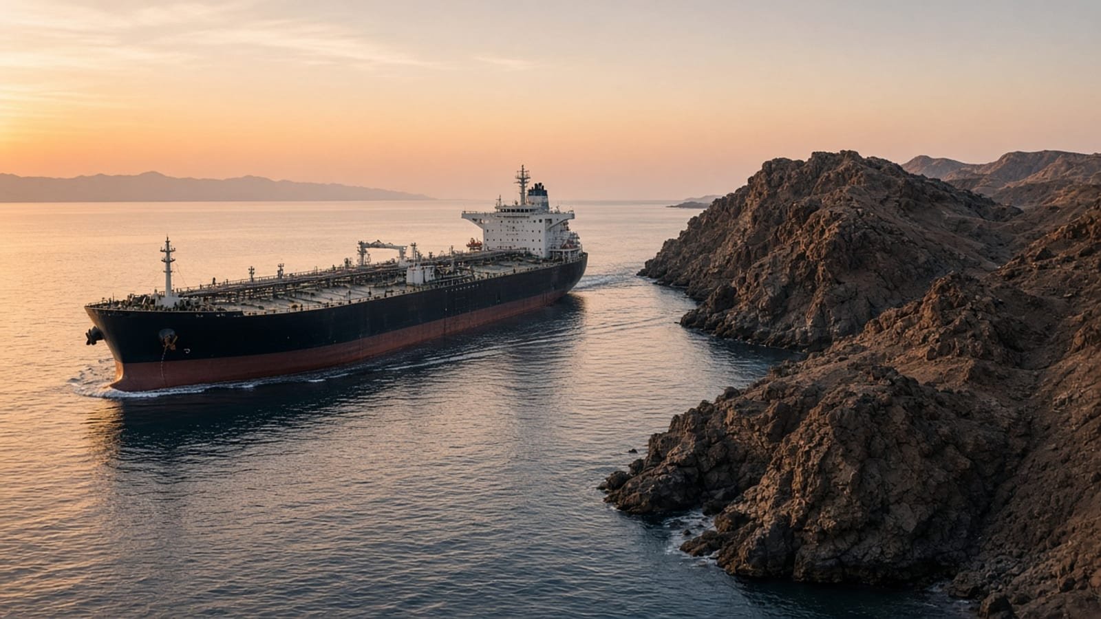 An oil tanker passing a rocky island in a desert strait at dawn