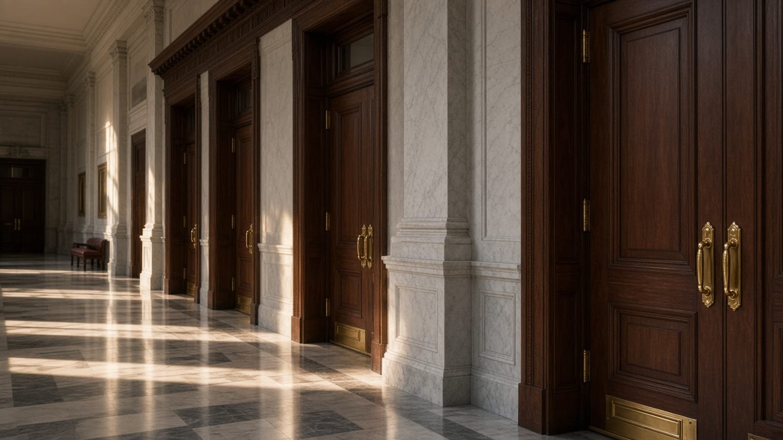 An empty federal courthouse corridor with wooden doors in afternoon light