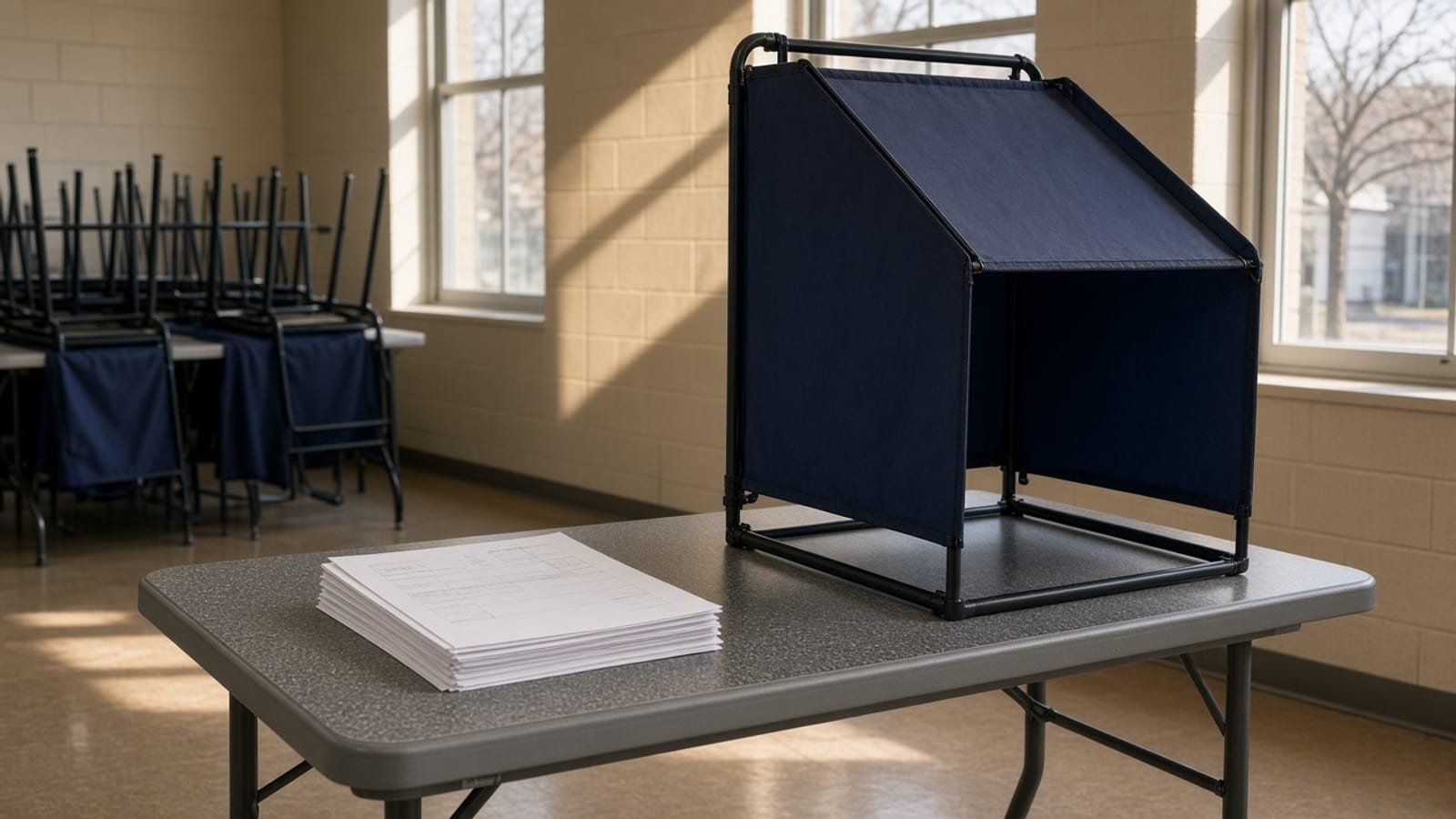 An empty polling-place table with a privacy booth and stacked paper ballots