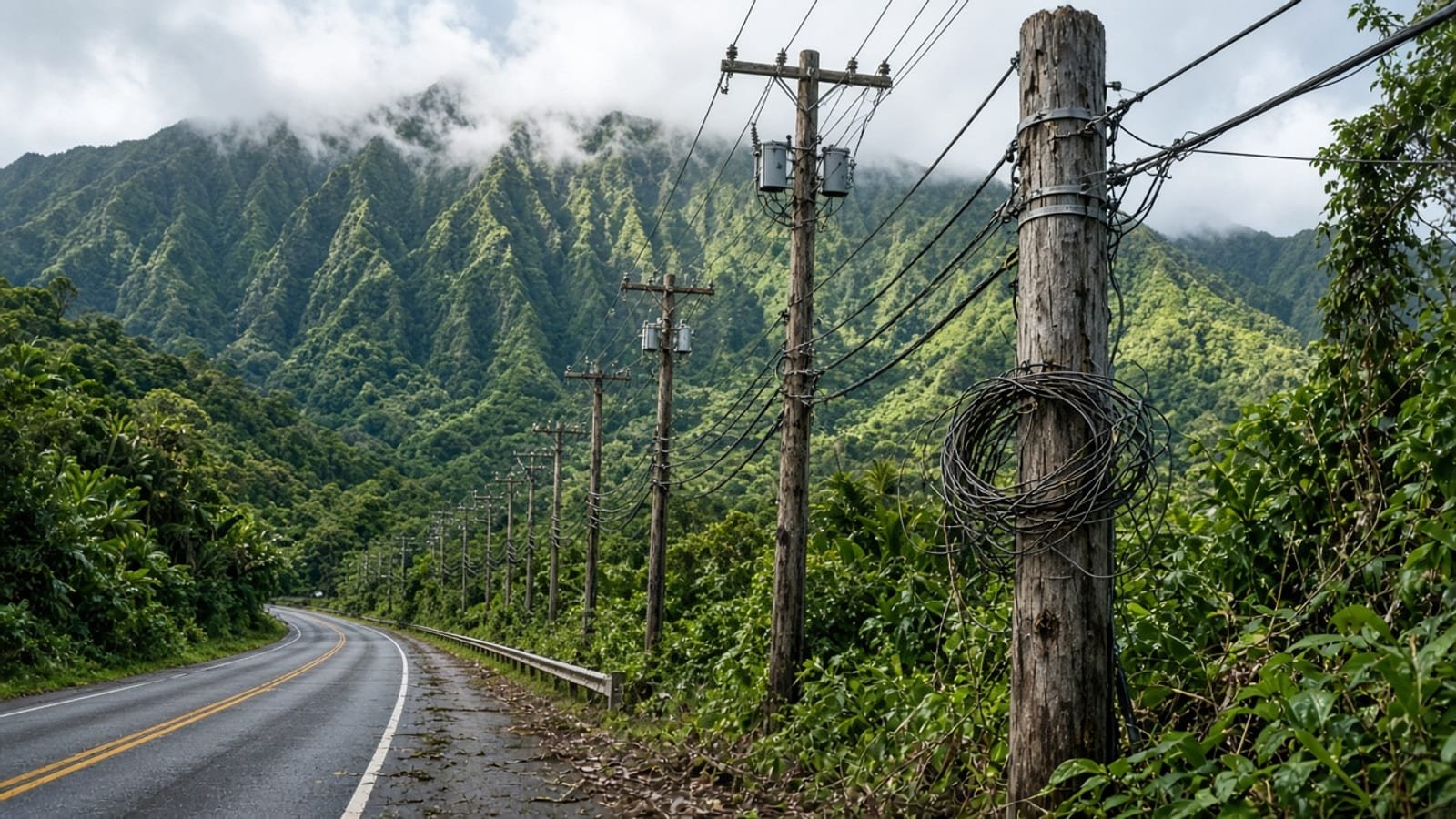 Wooden utility poles along a tropical Hawaiian roadside after a storm