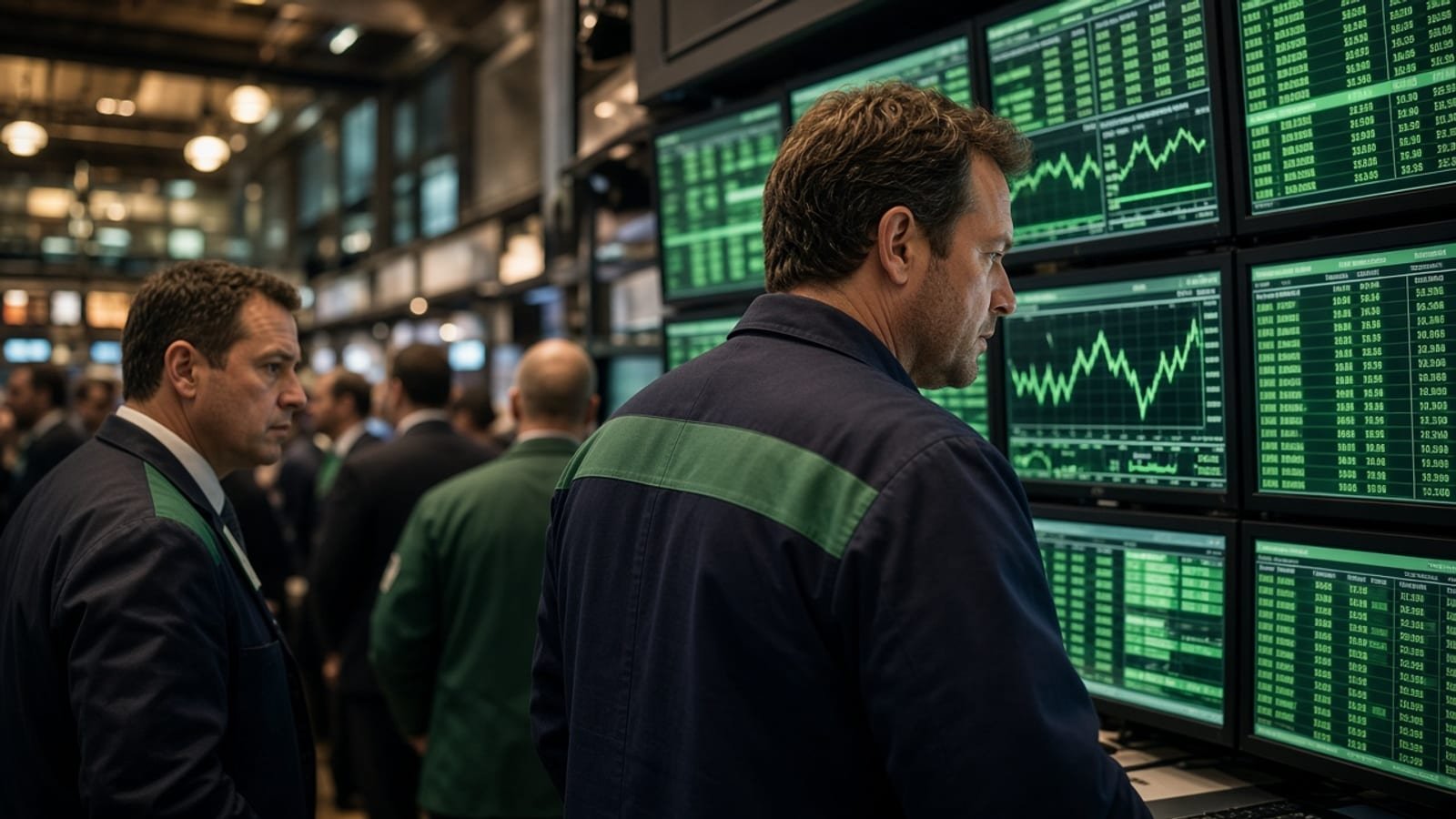 Traders watching green monitors on a stock-exchange floor at the closing bell