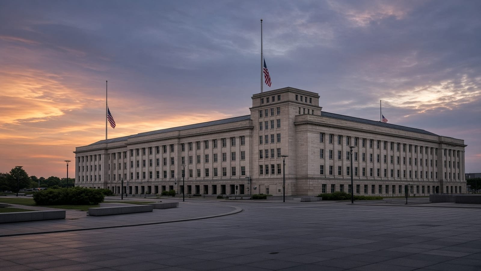 A large government building at dusk with American flags at half staff