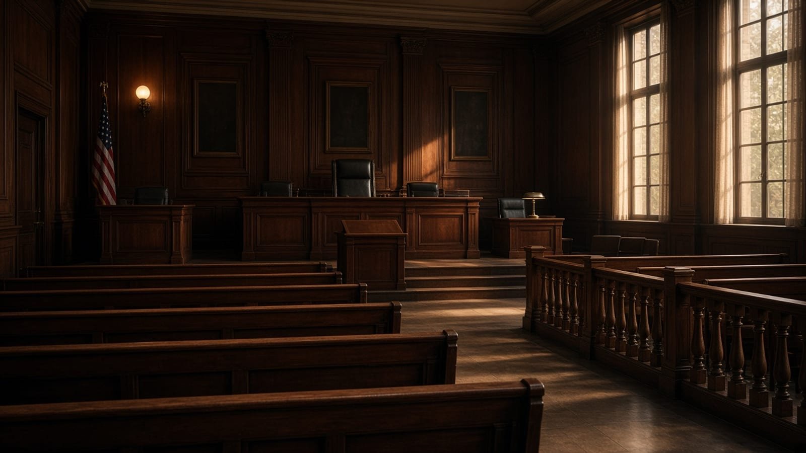 An empty federal courtroom with wooden benches in late afternoon light