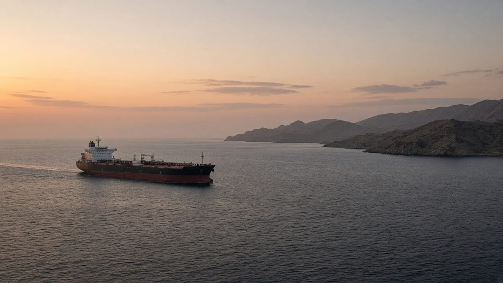 A lone oil tanker on a hazy desert strait at dusk