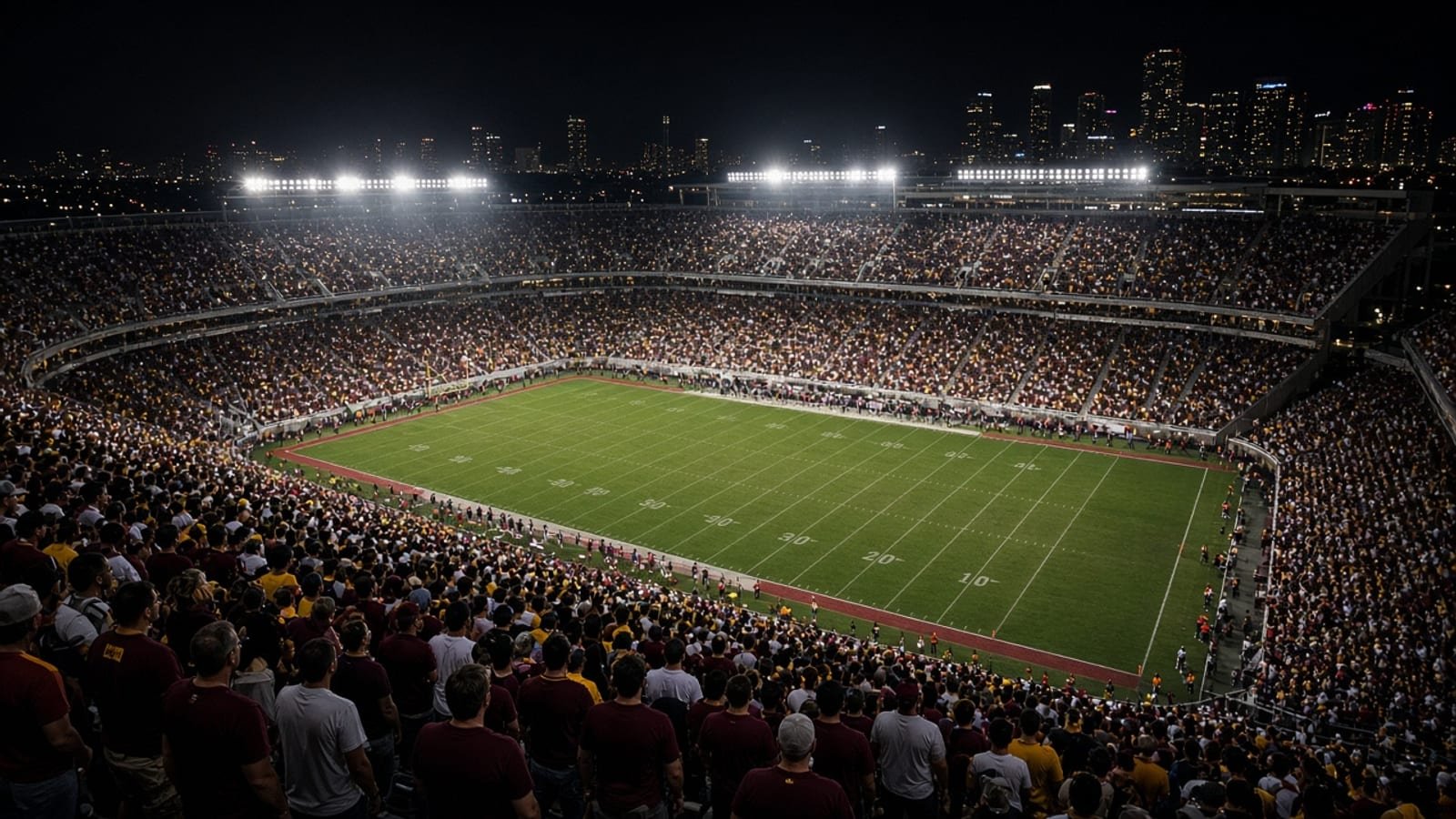 A packed college football stadium at night under floodlights