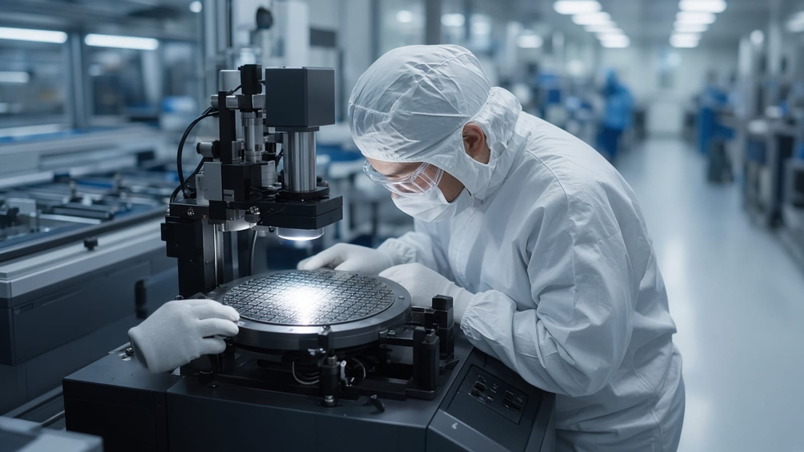 A semiconductor cleanroom technician inspecting a silicon wafer