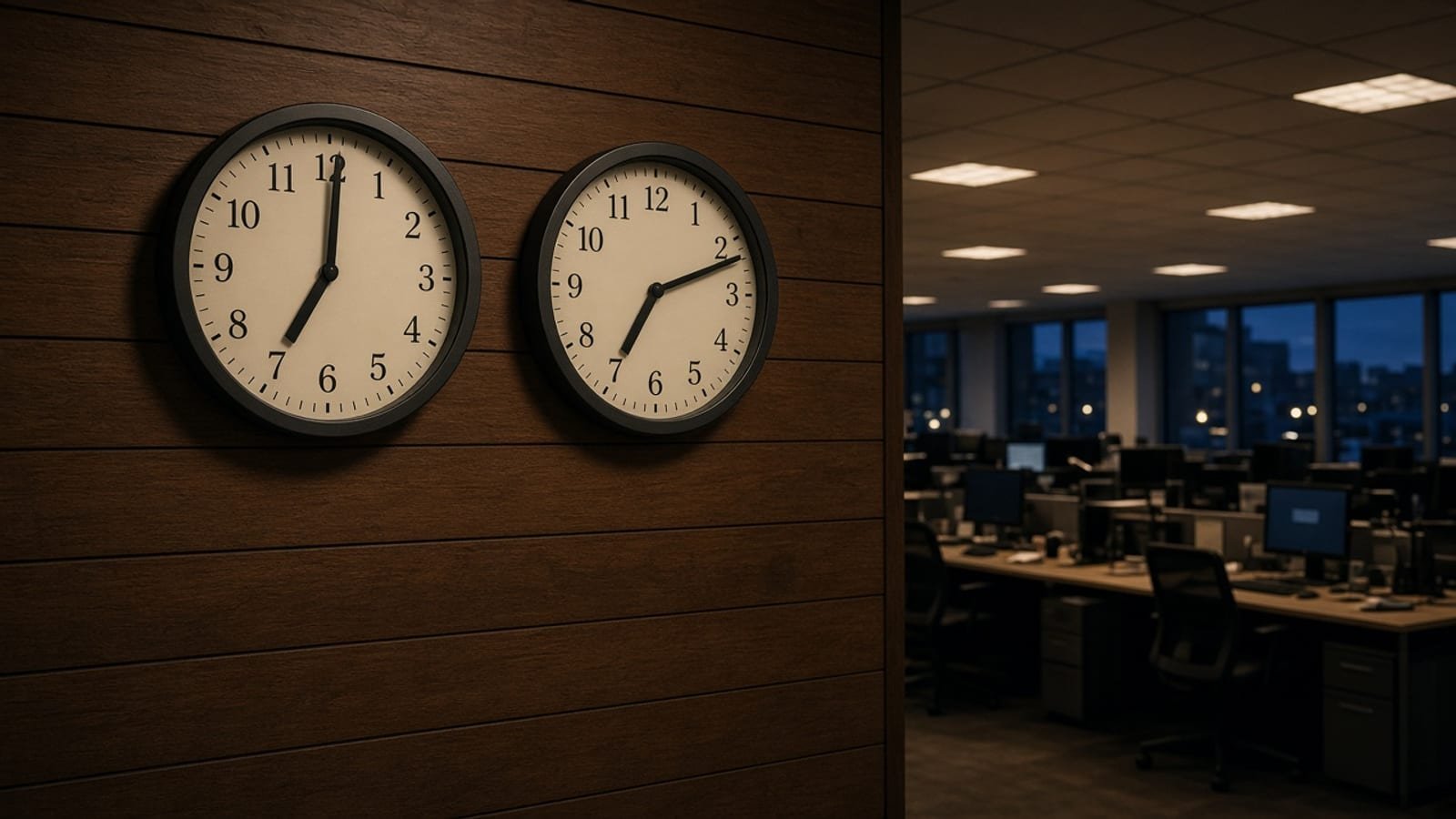Two analog wall clocks on a wood-paneled wall in an empty newsroom at evening
