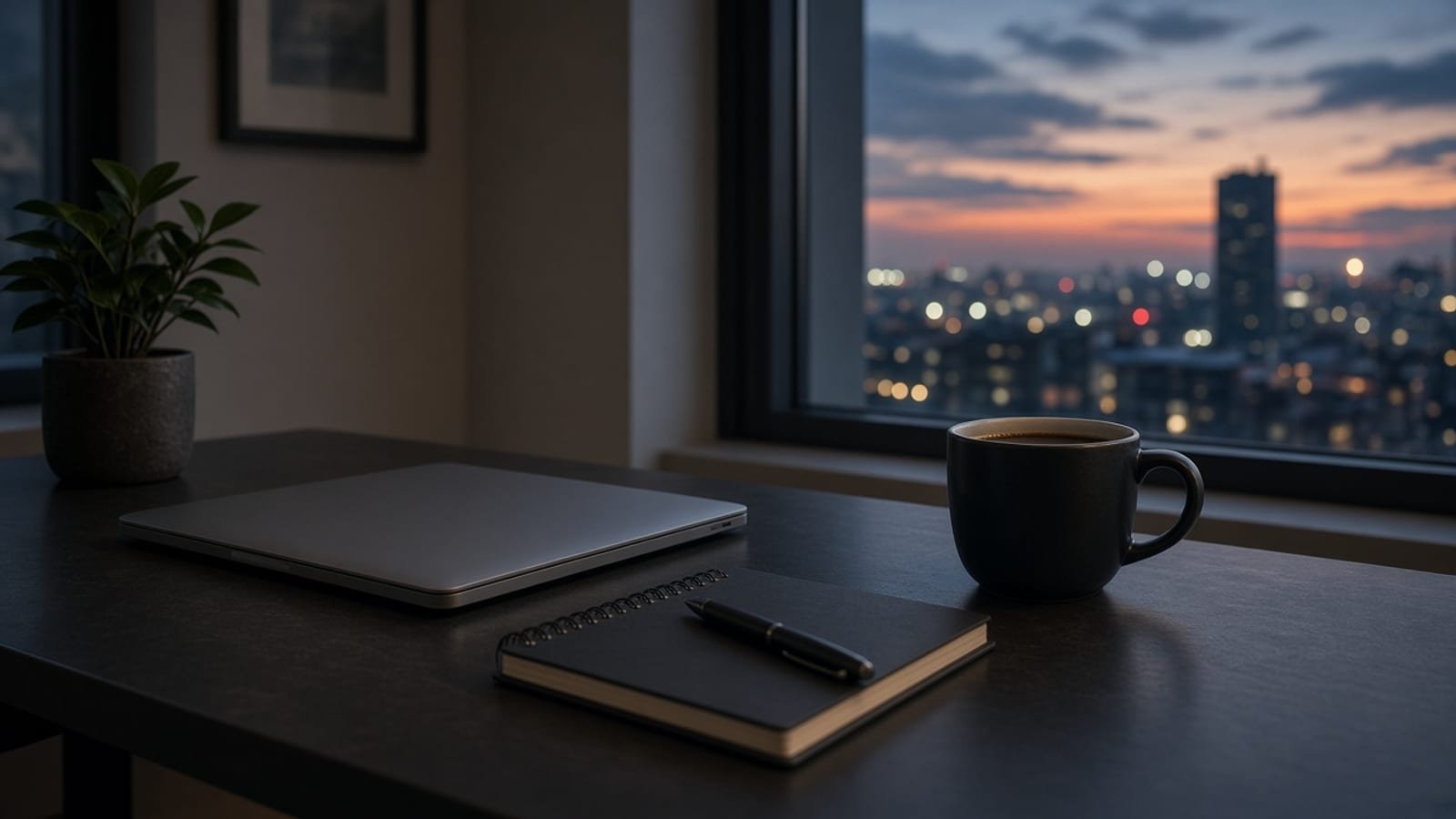 Friday evening news desk with a closed laptop and coffee beside a window at dusk