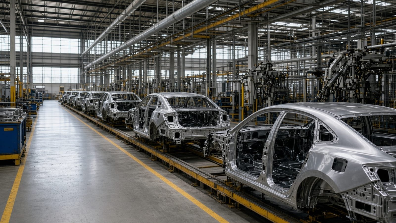 Unfinished car bodies on a quiet automobile assembly line