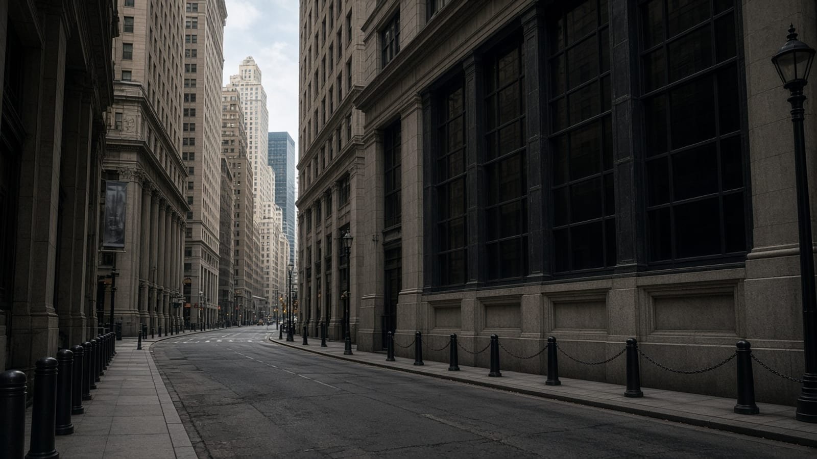 An empty New York financial-district street on a Saturday morning