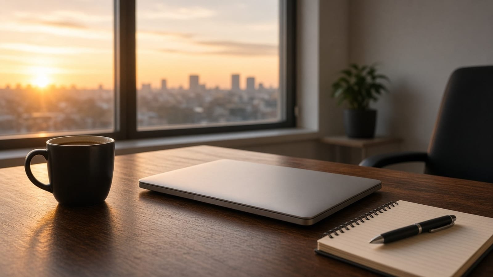 Saturday morning news desk with a closed laptop, notebook, and coffee at sunrise