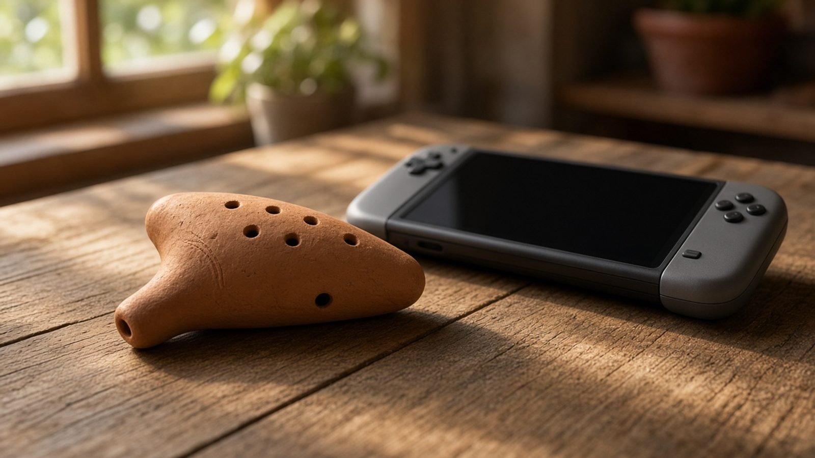 A clay ocarina and a handheld game console on a sunlit wooden table