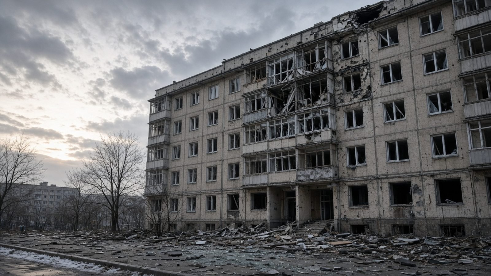A damaged apartment building with blown-out windows and debris at dawn