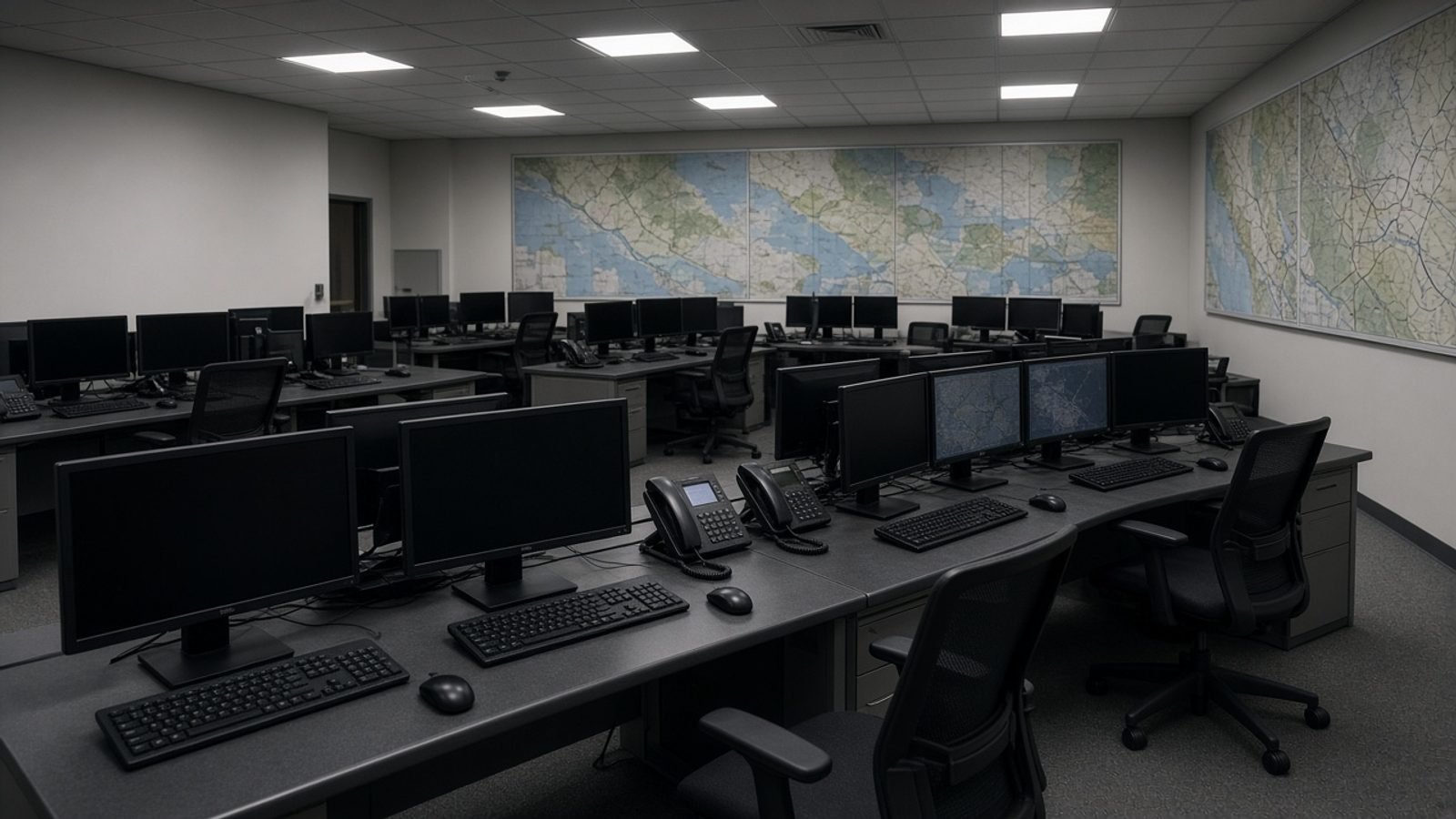 An empty emergency operations room with dark monitors and wall maps