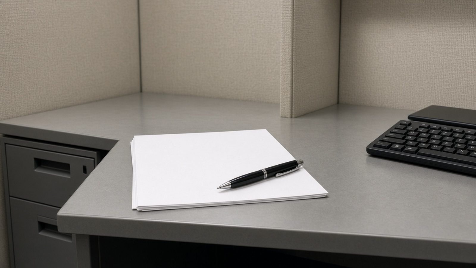 A blank stack of paper and a pen on an empty government cubicle desk