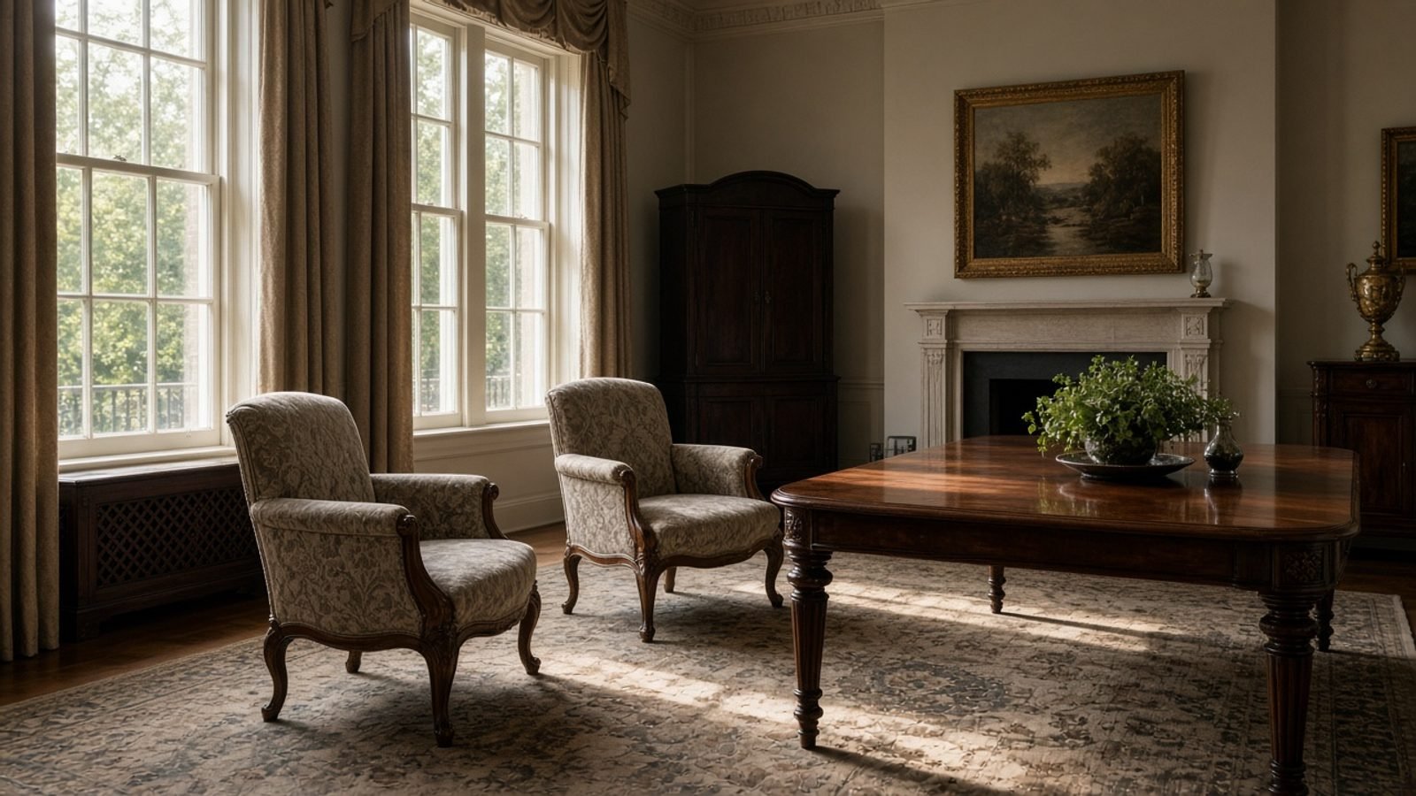 A formal state drawing room with two empty chairs facing a wooden table