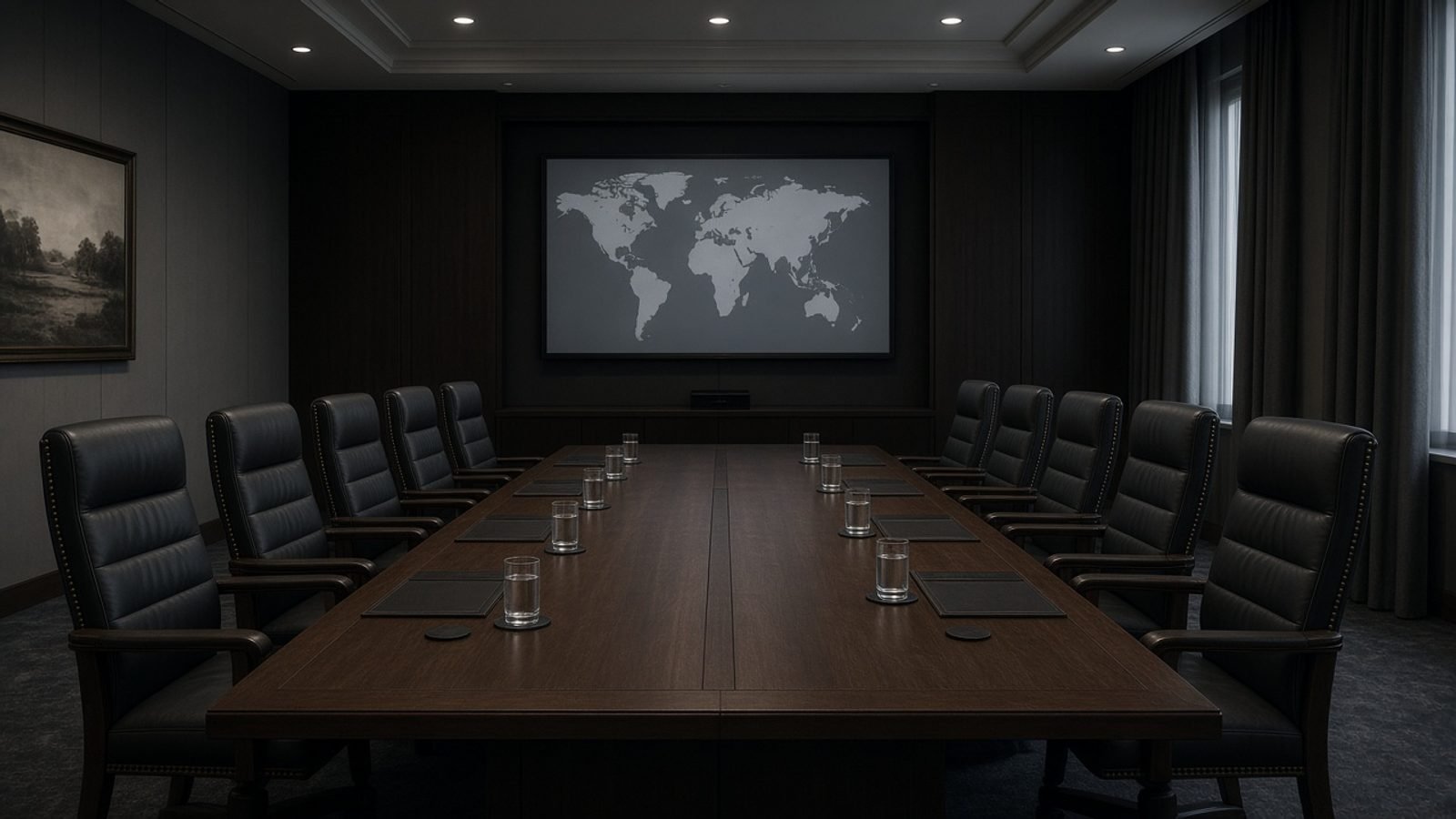 An empty conference table under a blank world map on a wall screen