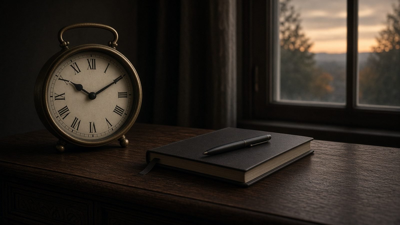 An analog clock beside a closed notebook on a wooden sideboard at dusk