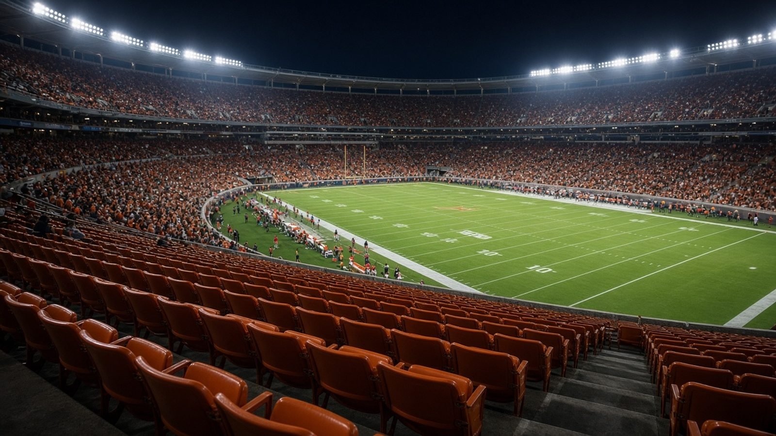 A packed college football stadium at night under floodlights