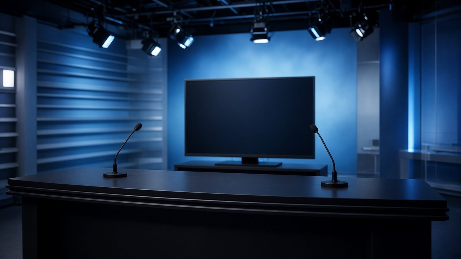 An empty television studio desk with two microphones and a blank screen