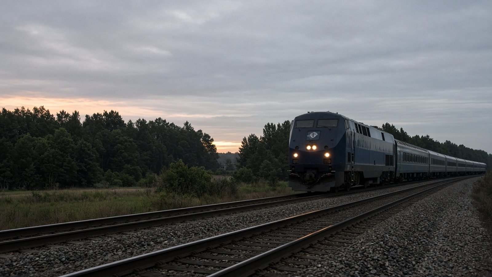 A passenger train stopped on tracks near a tree line at dawn
