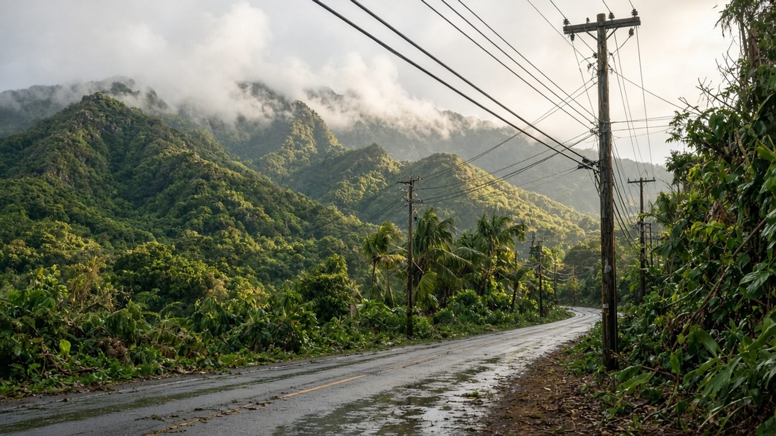 Wooden utility poles along a tropical Hawaiian roadside after a storm