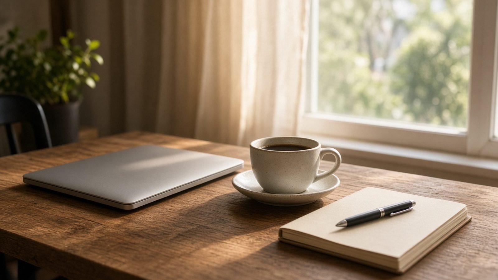Sunday morning news desk with a closed laptop, coffee, and notebook