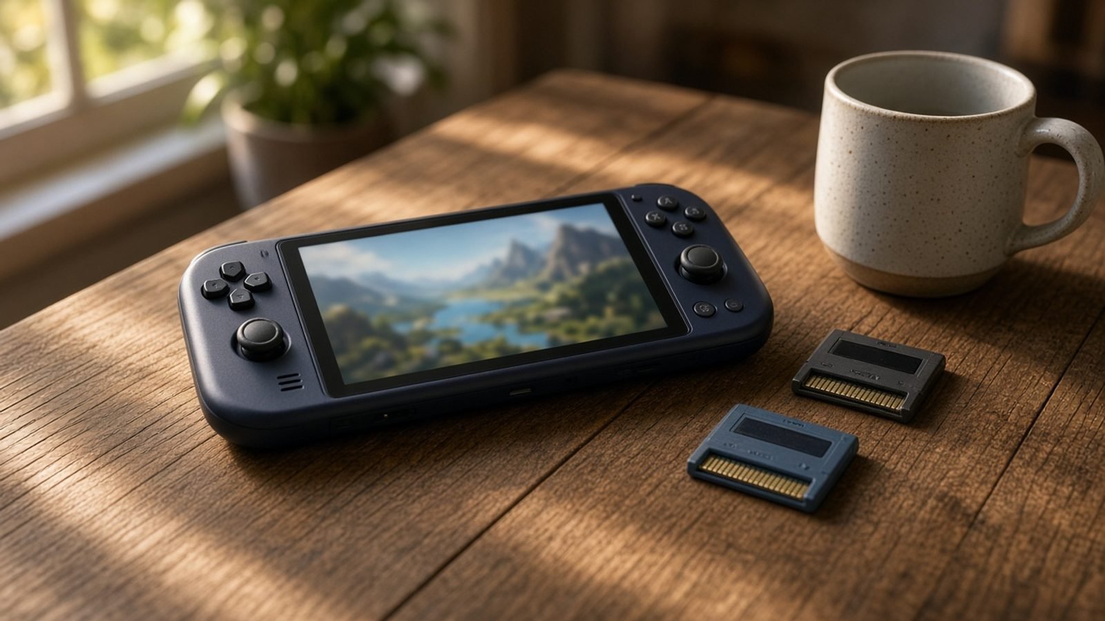 A handheld game console and two cartridges on a sunlit wooden table