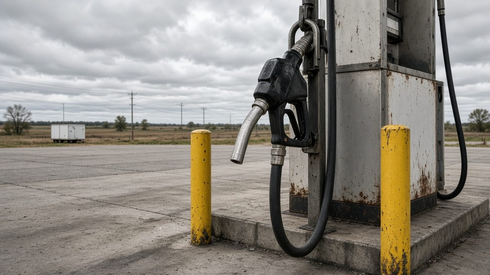 A diesel nozzle hanging at an empty truck-stop fuel island